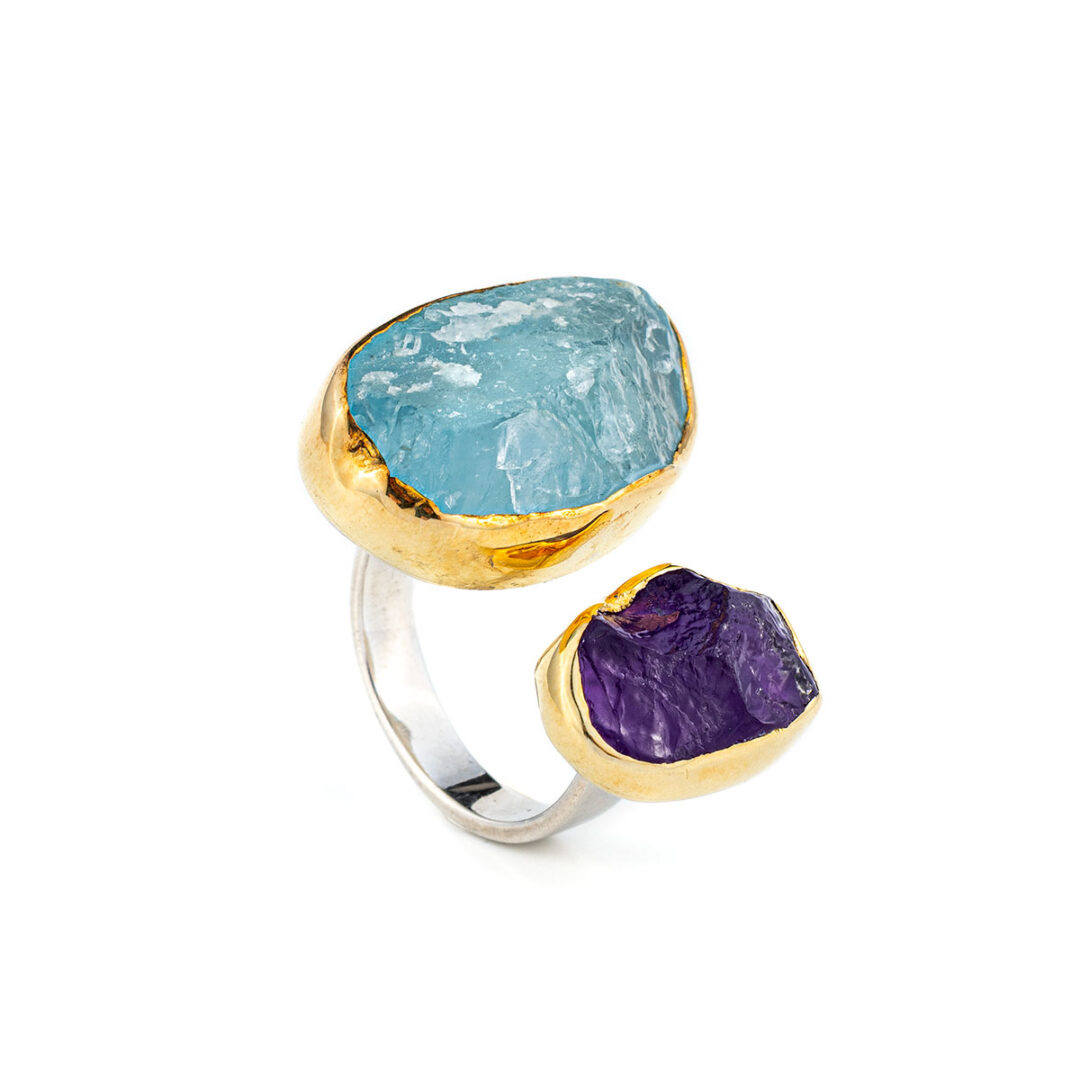 TR-D-03384049b Aqua Marine and Amethyst Ring - Sterling Silver and Gold Plated - Image 2