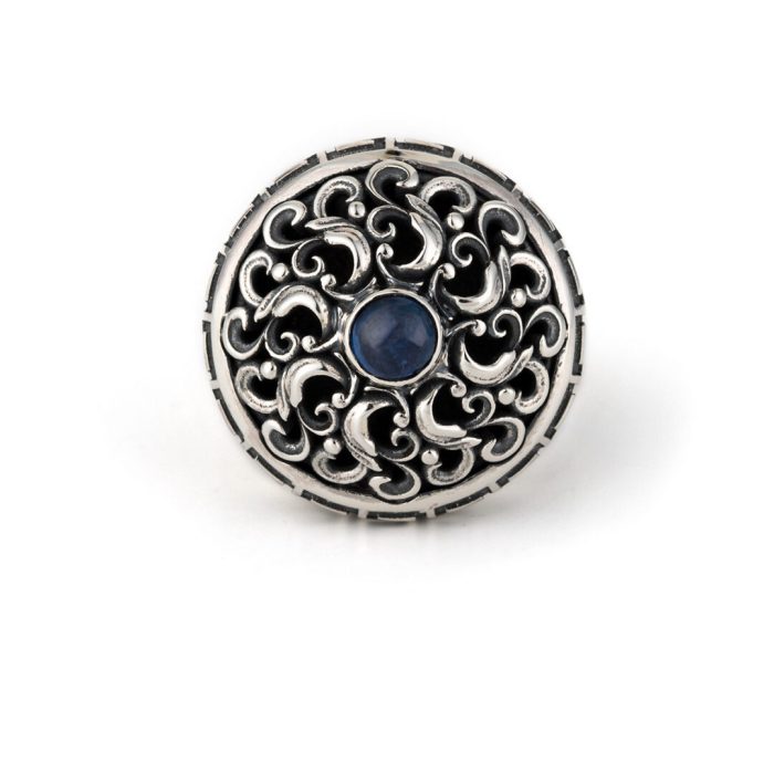 Greek Meander Floral Embossed Ring with Lapis - Sterling Silver Yianni Jewelry - Image 1