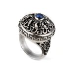 Greek Meander Floral Embossed Ring with Lapis - Sterling Silver Yianni Jewelry - Image 2