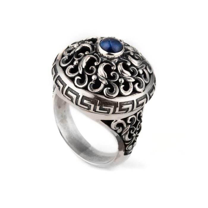 Greek Meander Floral Embossed Ring with Lapis - Sterling Silver Yianni Jewelry - Image 2