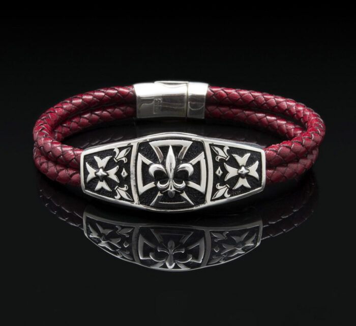 Fleur De Lis Cross Leather Bracelet – 925 Sterling Silver - Image 3