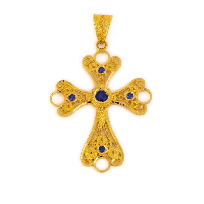 18K Solid Gold Filigree Multi precious Cross - Image 4