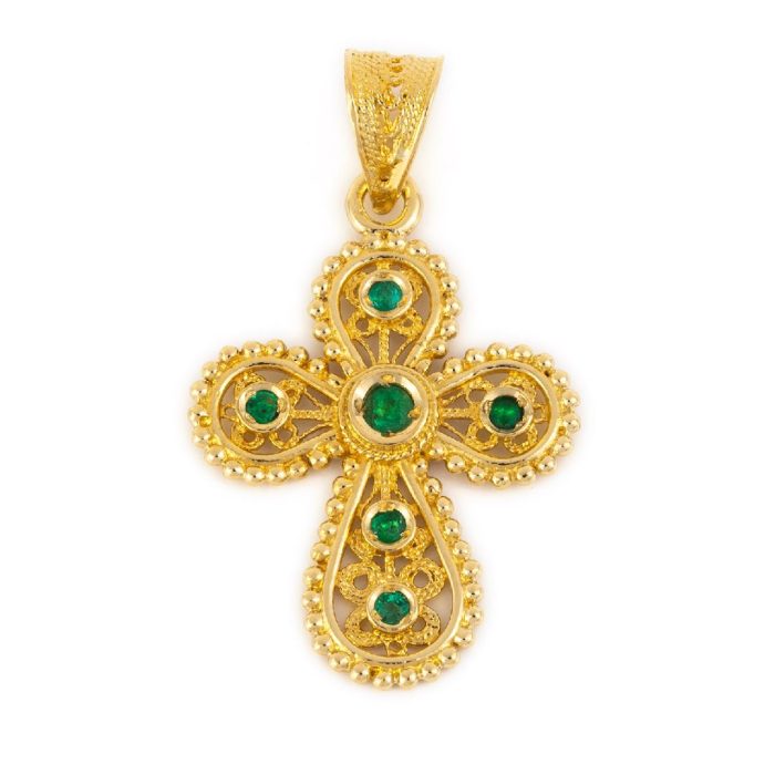 18K Gold Filigree Cross with Emeralds - Image 1
