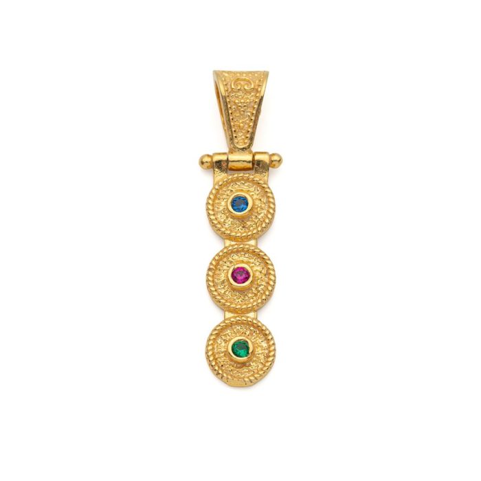 Byzantine Pendant 3 Circle 925 Silver Gold Plated with Multicolor Zircon - Image 1