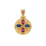 Byzantine Circle Pendant with Multicolor Zircons 925 Sterling Silver Gold Plated