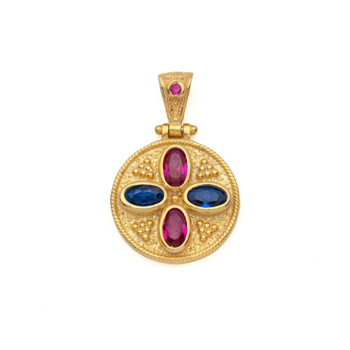 Byzantine Circle Pendant with Multicolor Zircons 925 Sterling Silver Gold Plated - Image 1