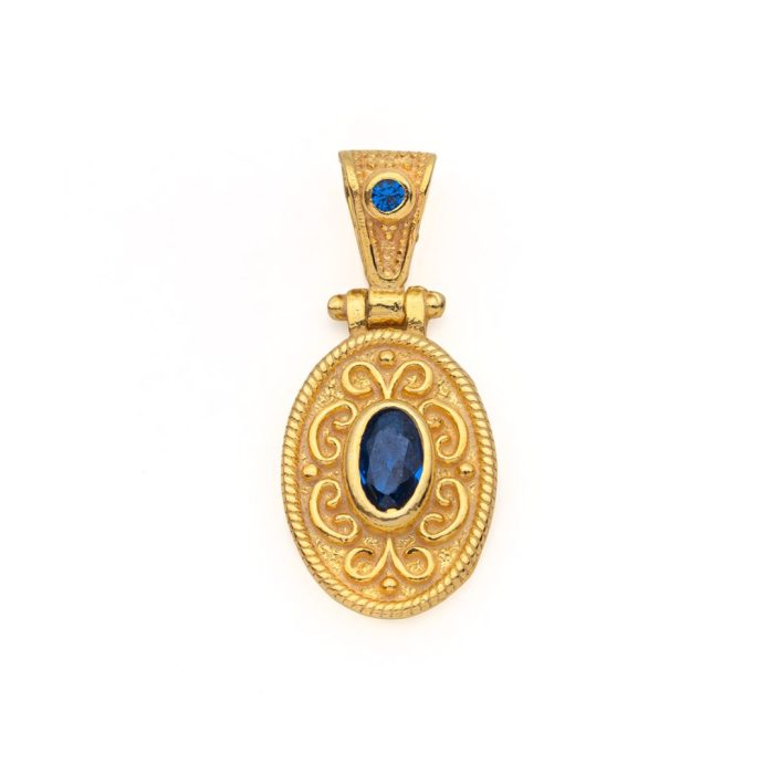 Byzantine Oval Pendant with Zircon 925 Sterling Silver Gold Plated - Image 1