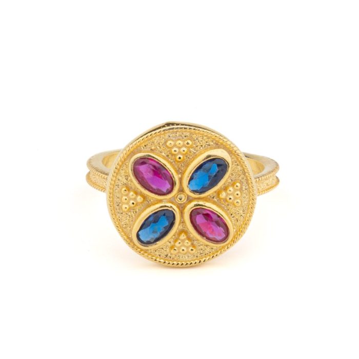 Byzantine Round Ring in 925 Sterling Silver Gold-Plated with Multicolor Oval Zircons - Image 1