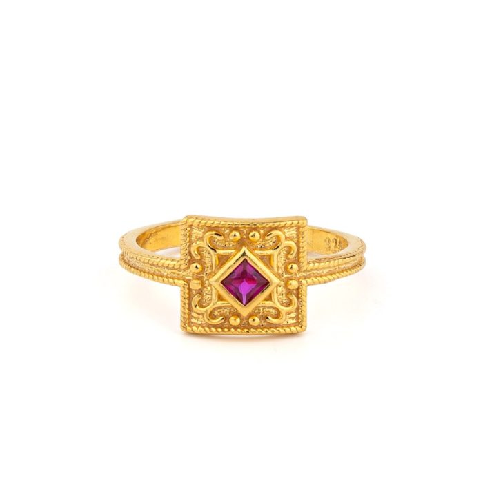 Byzantine Square Ring in 925 Sterling Silver Gold Plated with Zircon - Image 1