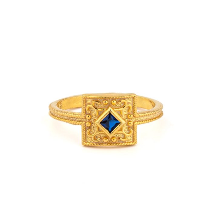 Byzantine Square Ring in 925 Sterling Silver Gold Plated with Zircon - Image 4