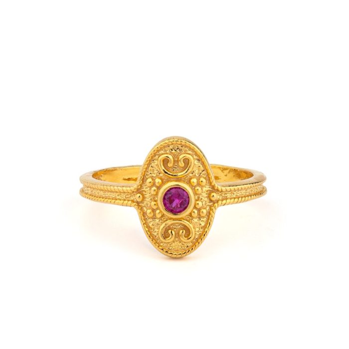 Byzantine Oval Ring in 925 Sterling Silver Gold-Plated with Round Zircon - Image 1