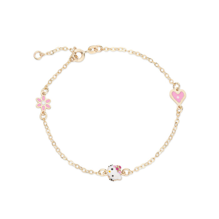 9K Gold Hello Kitty Bracelet with Flower and Heart for Children - Image 1