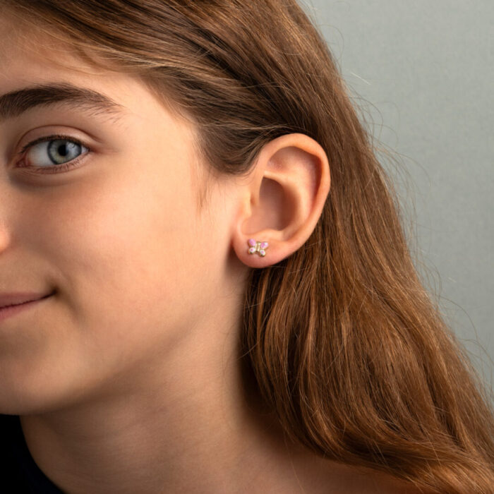 9K Gold Pink Butterfly Enamel Stud Earrings for Children - Image 2