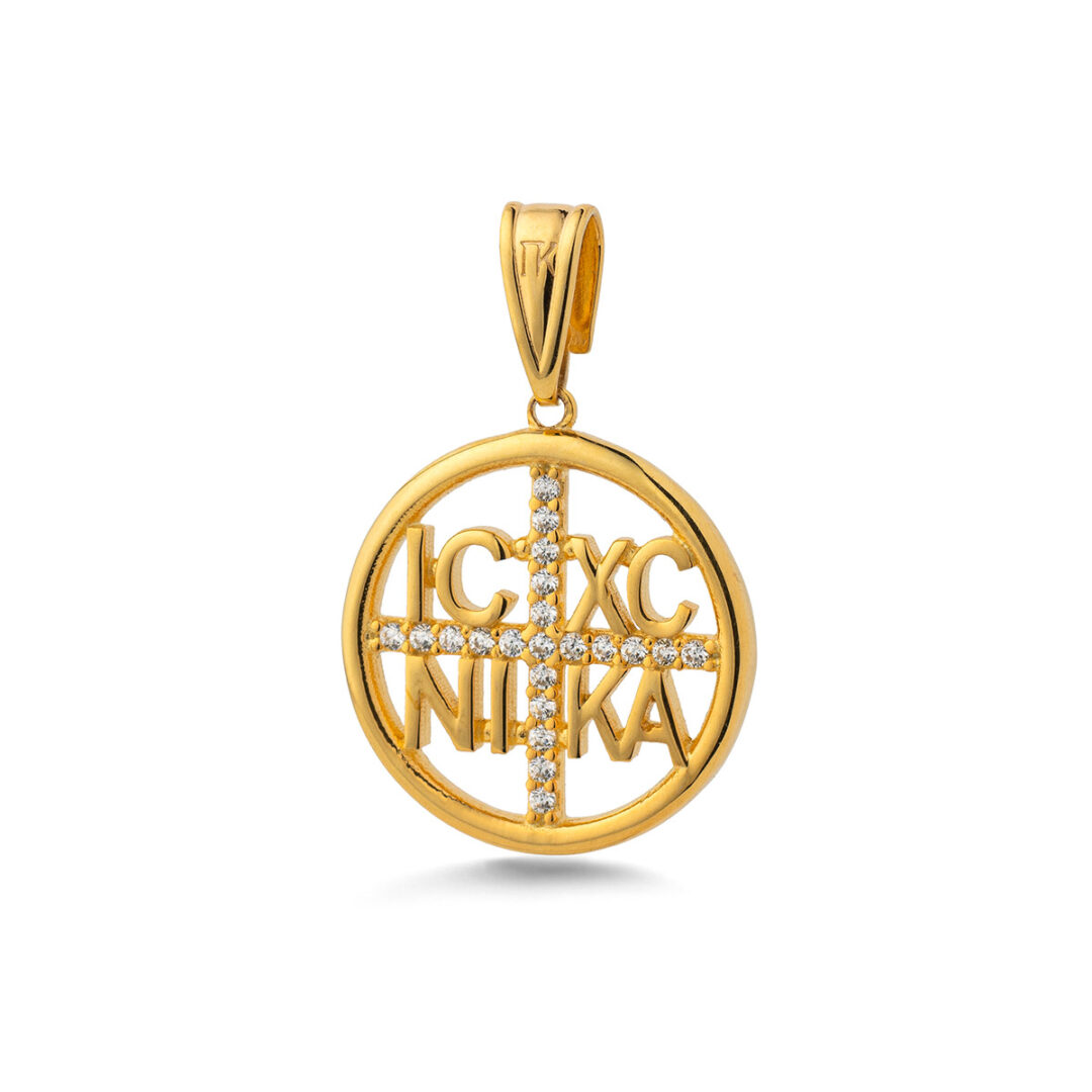 PAP-MD-47 Round Constantino Cross with Zircon Stones – 9K Gold - Image 1