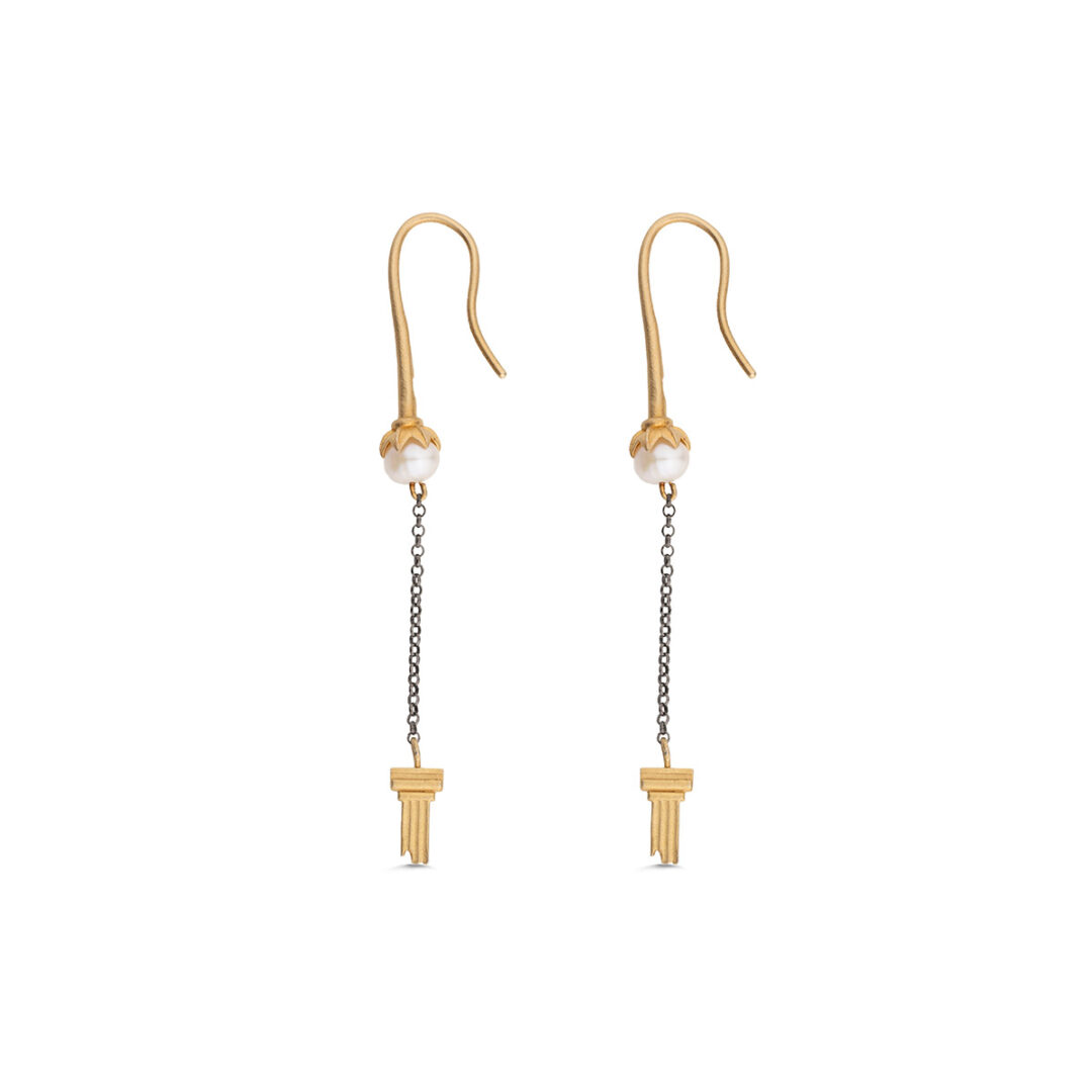 LC-SK-IONIC Ασημένια Κρεμαστά Σκουλαρίκια με Ιωνικό Κίονα και Μαργαριτάρι