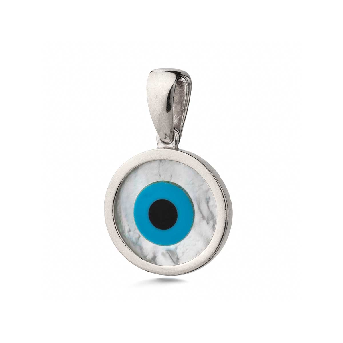 LI-MD-10486004-KP498_5 Mother of Pearl Round Evil Eye Pendant 925 Sterling Silver Charm - Image 1