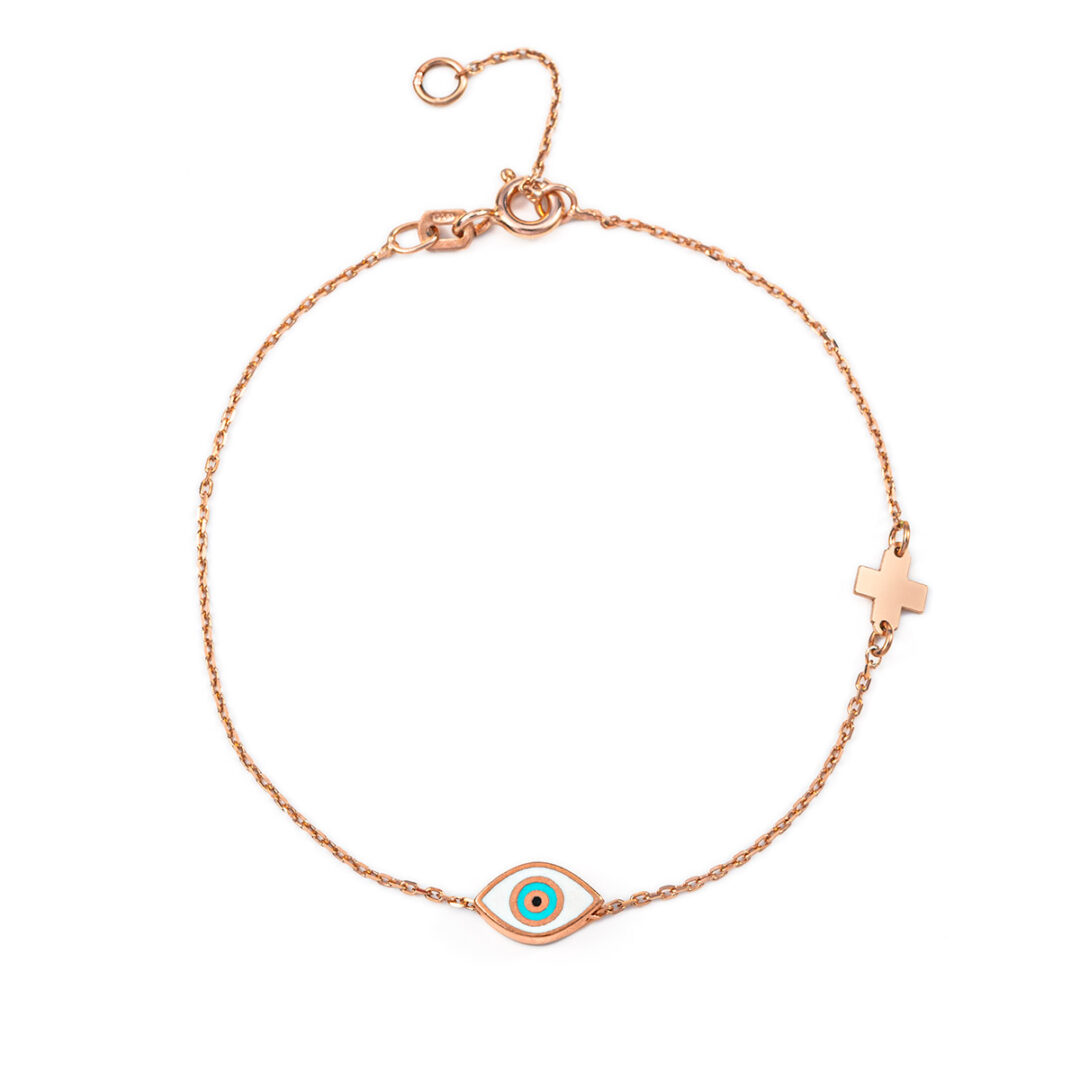 AL-BR-06326010wh Evil Eye Bracelet with Cross - Sterling Silver and Rose Plated