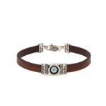 Meander Evil Eye Bracelet in 925 Sterling Silver and Brown Leather