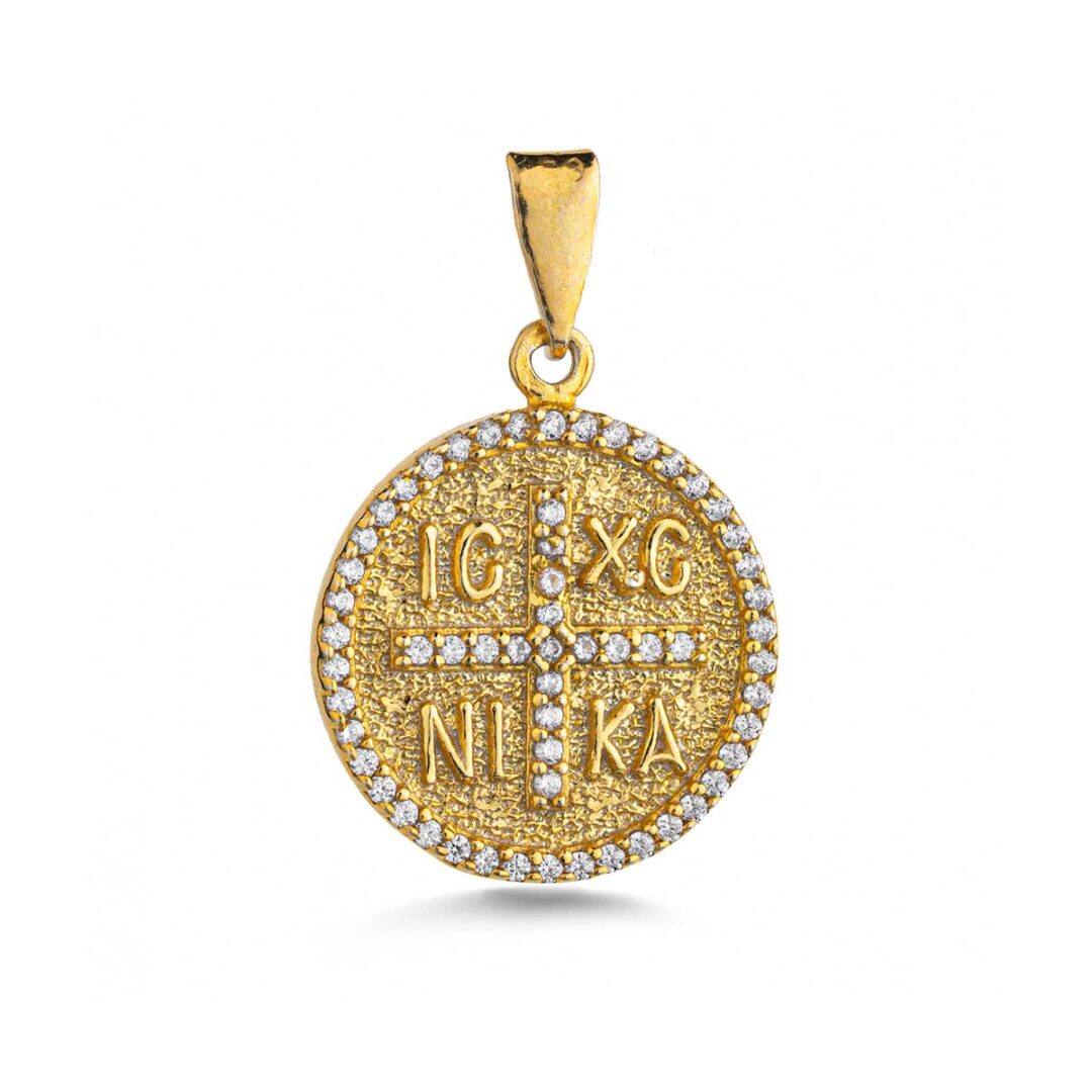 FR-MD-03983008 Round Constantino Cross in 925 Sterling Silver Gold Plated with Zircon Stones - Image 1