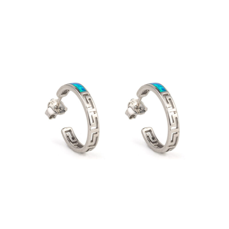Greek Key Hoop Opal Earrings in 925 Sterling Silver