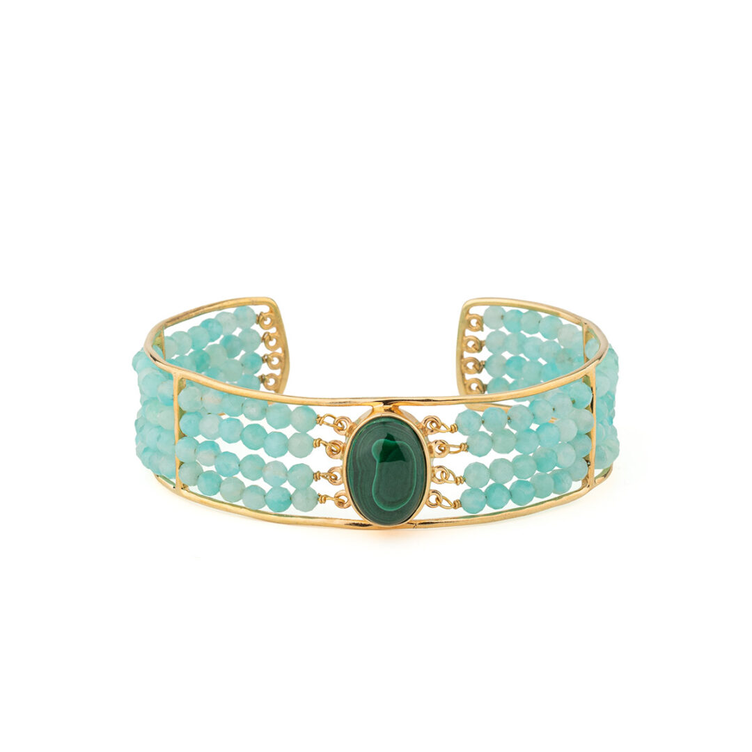 EI-BR-05500072-BA1235 Open Cuff Bracelet with Semi-Precious Stones in 925 Silver 18K Gold Plated - Image 1