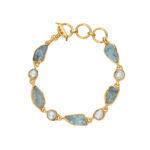 Raw Aquamarine & Pearl Stones in 925 Silver Gold Plated Bracelet