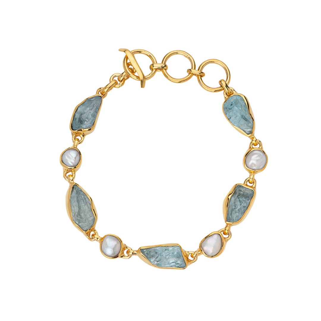 EI-BR-05500138-BA00778 Raw Aquamarine & Pearl Stones in 925 Silver Gold Plated Bracelet - Image 1