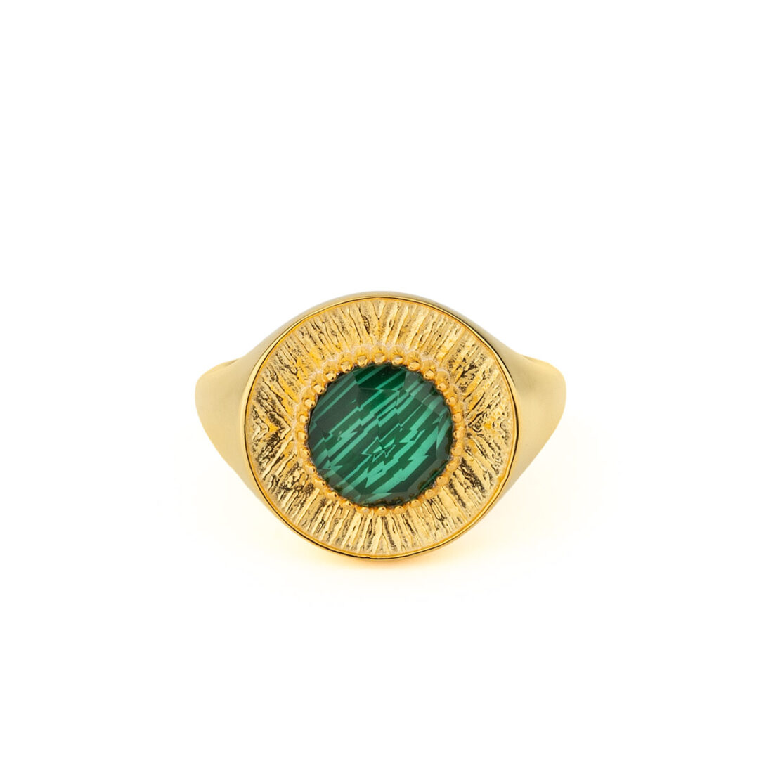 EI-DA-11427048-D02930 Round Malachite Ring in 925 Sterling Silver Gold Plated