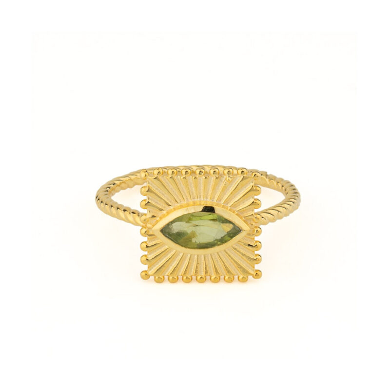 Engraved Plate & Navette Evil Eye Stone Ring in 925 Silver 18K Gold Plated