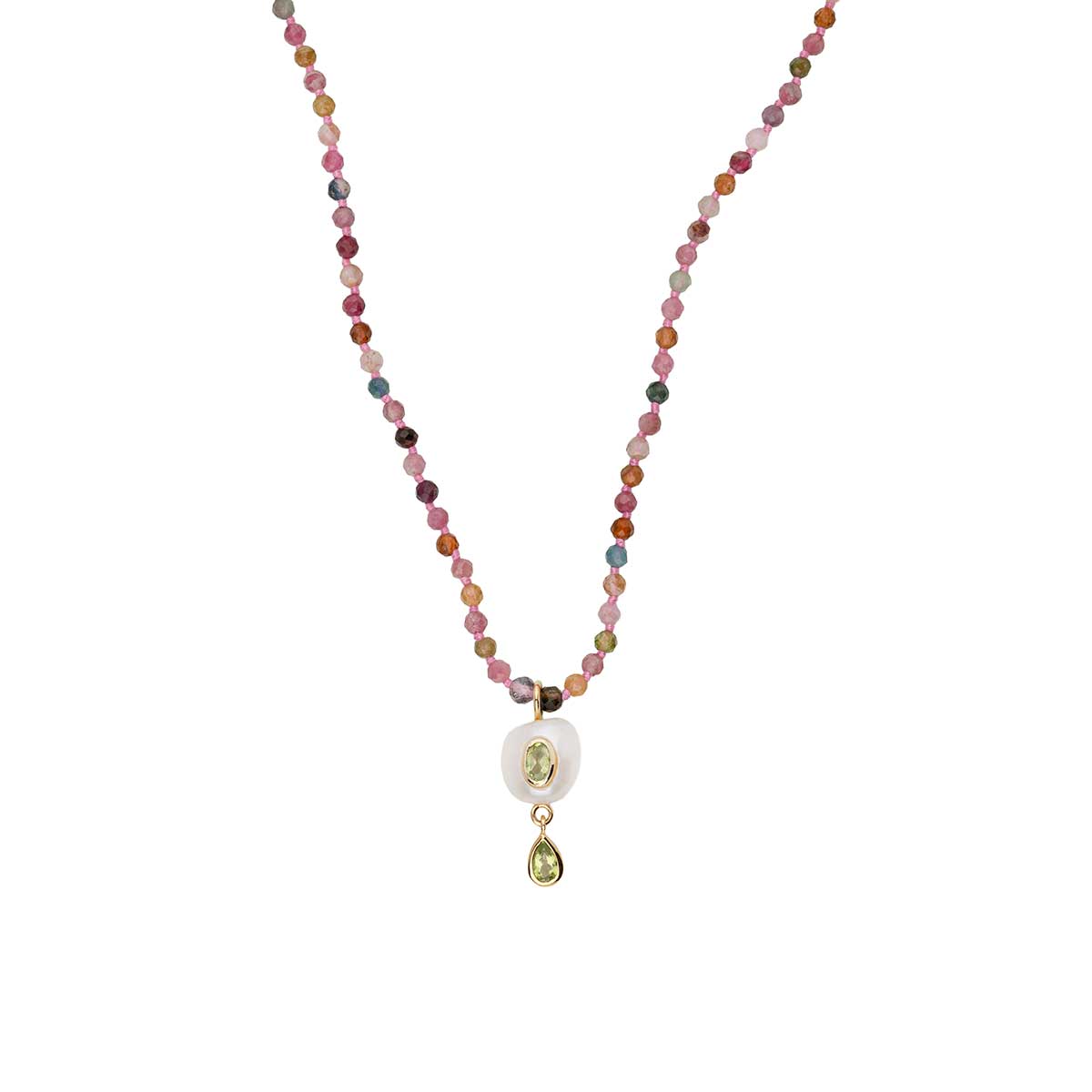 EI-NE-04866052-KLP1700 Pearl Tourmaline Beads Necklace in 925 Sterling Silver Gold Plated