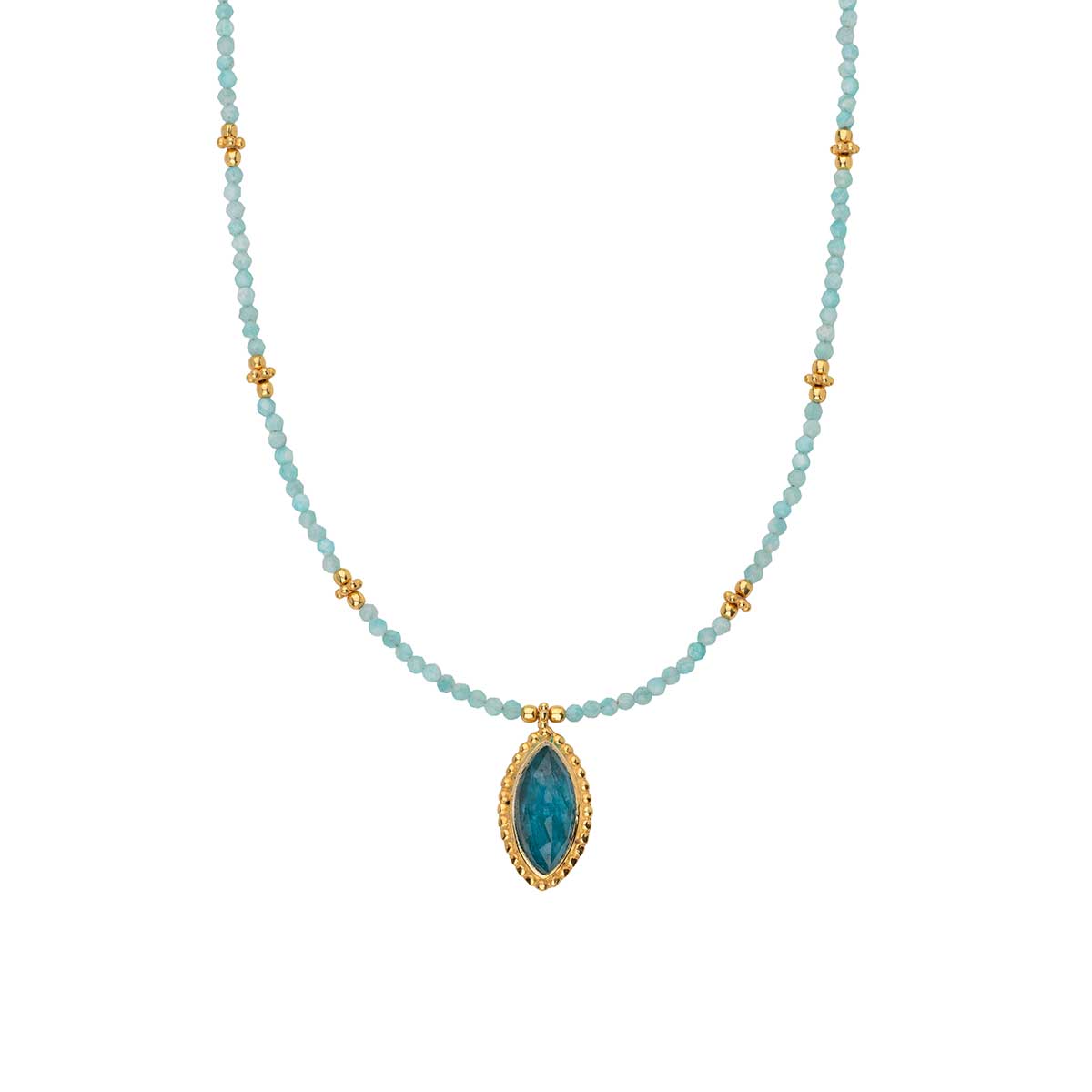 EI-NE-04881048-KLP1470 Amazonite Beads Necklace in 925 Sterling Silver Gold Plated with Apatite