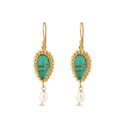 Green Copper & Pariba Dangle Earrings in 925 Sterling Silver & Gold Plating
