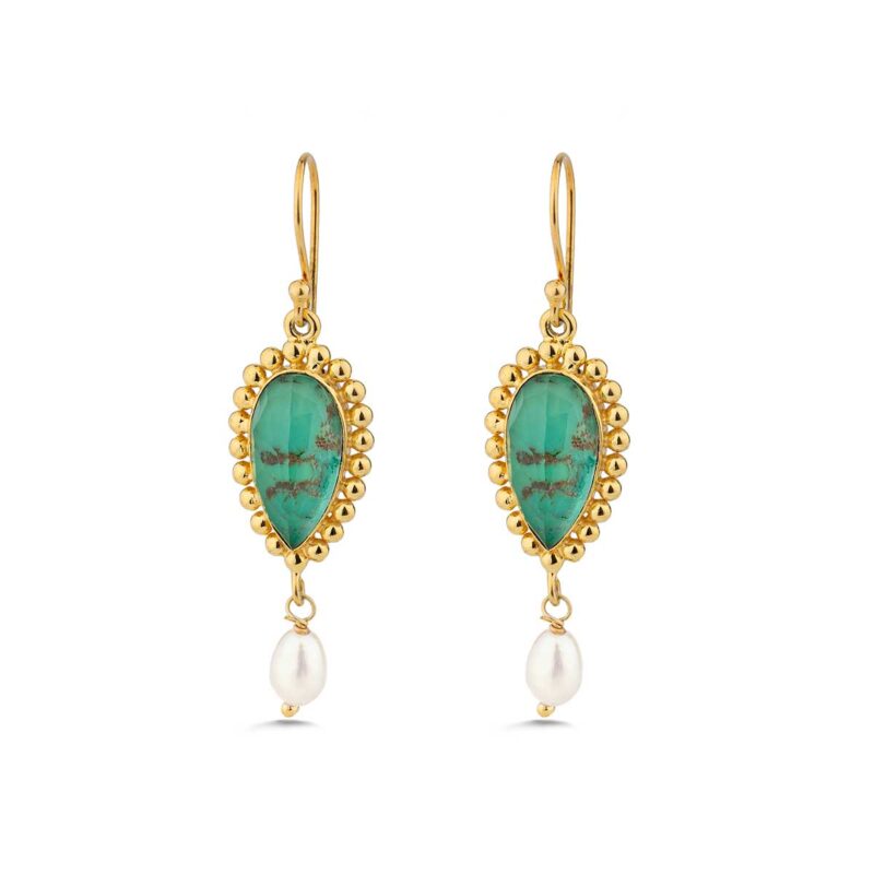 Green Copper & Pariba Dangle Earrings in 925 Sterling Silver & Gold Plating