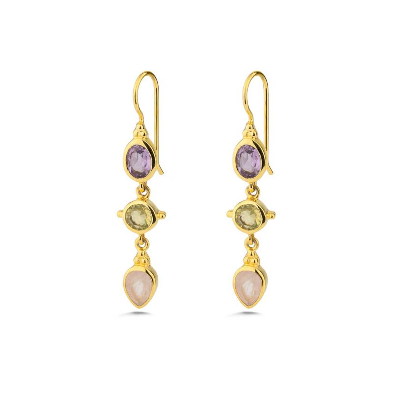 Gemstone Dangle Long Earrings in 925 Sterling Silver & Gold Plating
