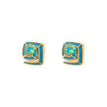 Greek Key Stud Earrings with Ocean Blue Details in Stainless Steel