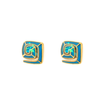 Greek Key Stud Earrings with Ocean Blue Details in Stainless Steel
