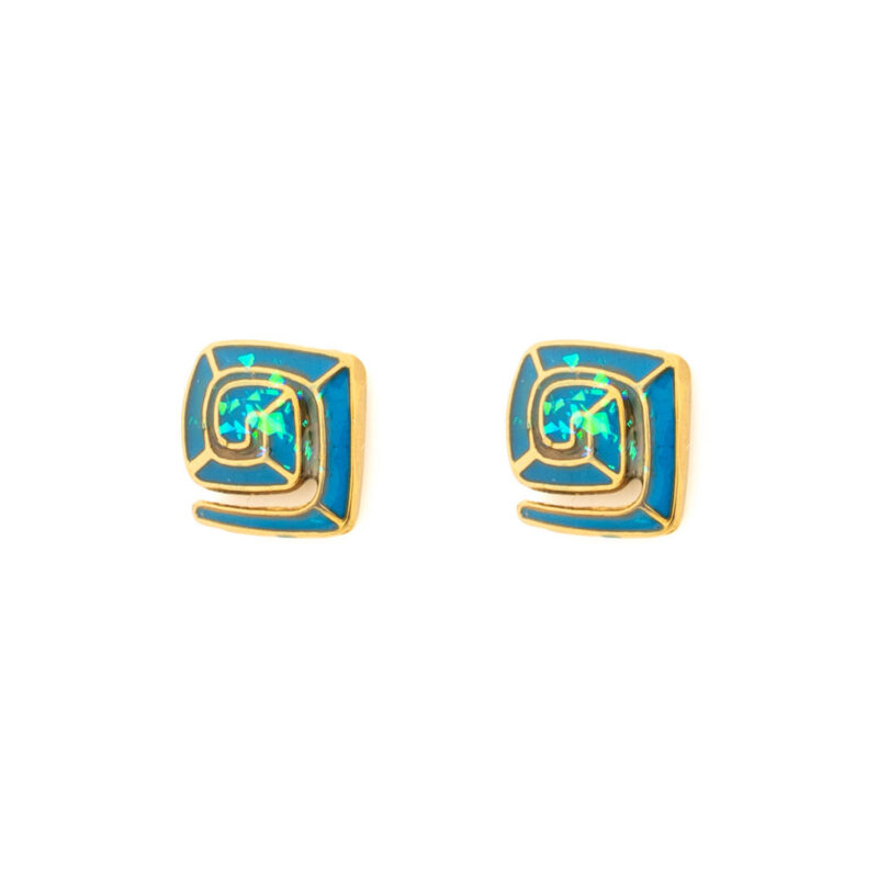Greek Key Stud Earrings with Ocean Blue Details in Stainless Steel