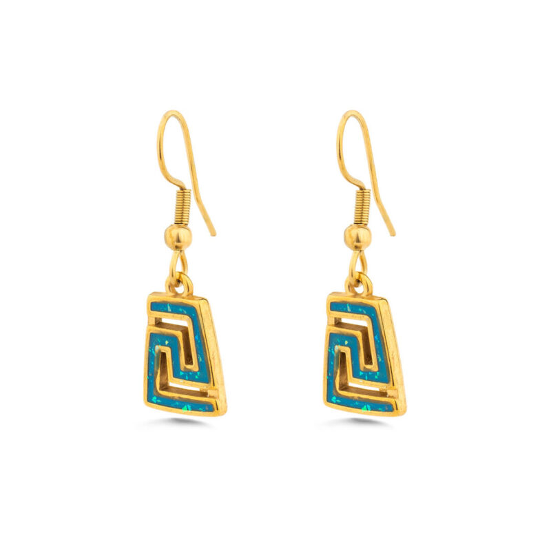 Meander Dangle Earrings with Ocean Blue Details in Stainless Steel