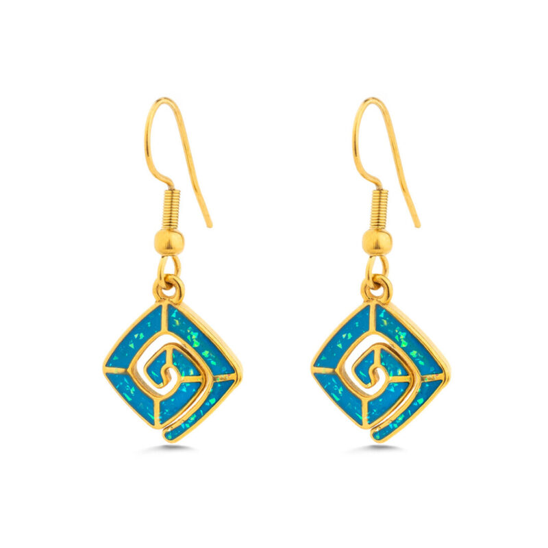 Greek Key Earrings with Ocean Blue Details in Stainless Steel