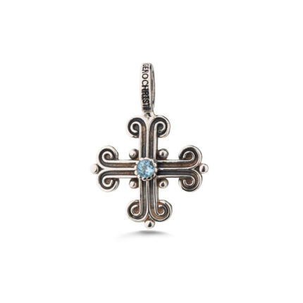 Gerochristo - Byzantine Cross Pendant in Sterling Silver with Blue Crystal