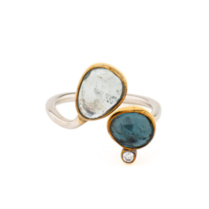 Open London Blue Topaz and Aquamarine Ring in 925 Silver Gold Plated