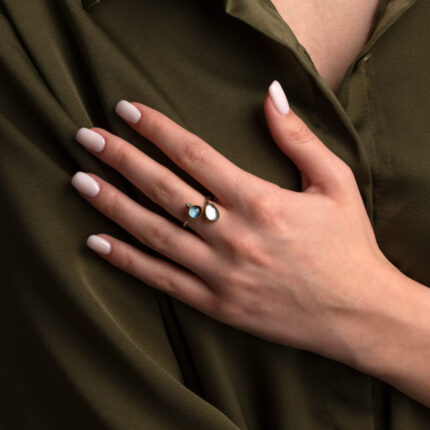Open London Blue Topaz and Aquamarine Ring in 925 Silver Gold Plated
