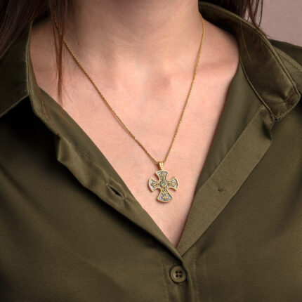 Byzantine Zircon Cross Pendant in 925 Oxidized Sterling Silver Gold Plated