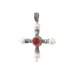 Doublet Ruby and Pearls Cross Pendant in 925 Sterling Silver and Gold Plated