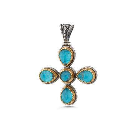 Doublet Amethyst and Turquoise Cross Pendant in 925 Sterling Silver and Gold Plated