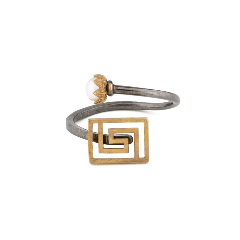 Meandros Greek Key Ring with Pearl Stone