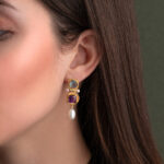 Apatite Amethyst and Pearl Drop Earrings in 925 Silver Gold Plated - Image 2