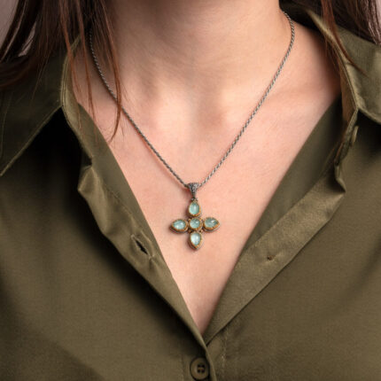 Doublet Amazonite Cross Pendant in 925 Sterling Silver and Gold Plated