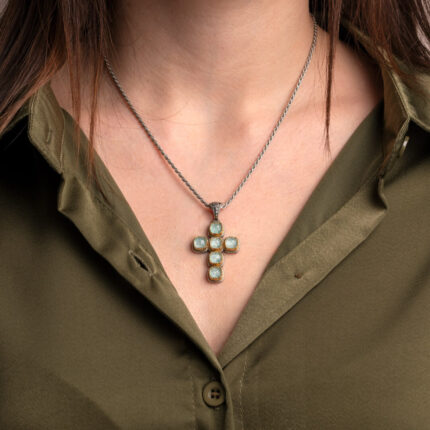 Byzantine Doublet Amazonite Cross Pendant in 925 Sterling Silver and Gold Plated