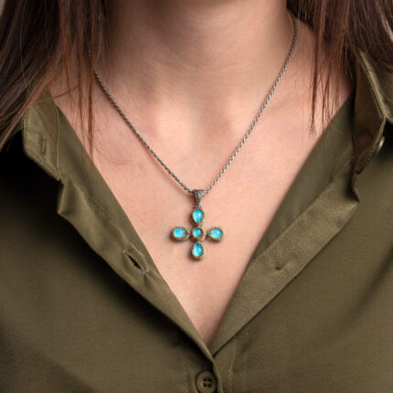 Doublet Amethyst and Turquoise Cross Pendant in 925 Sterling Silver and Gold Plated